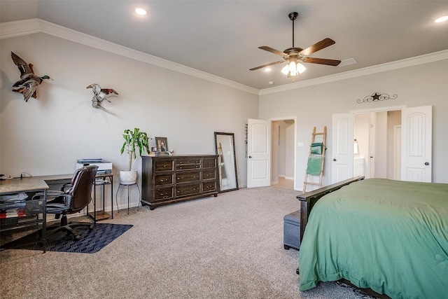 bedroom featuring ornamental molding, carpet, lofted ceiling, and ceiling fan