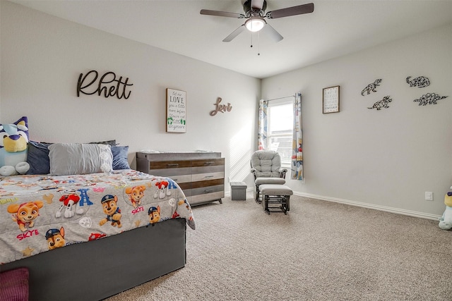 bedroom with ceiling fan and carpet