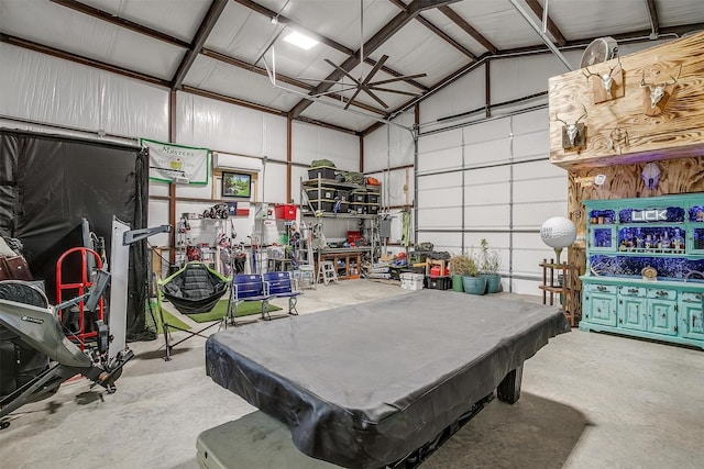 rec room featuring pool table, lofted ceiling, and concrete floors