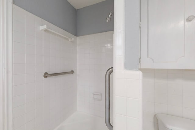 bathroom featuring tile walls and toilet