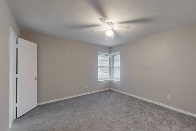 unfurnished room featuring carpet, a textured ceiling, and ceiling fan