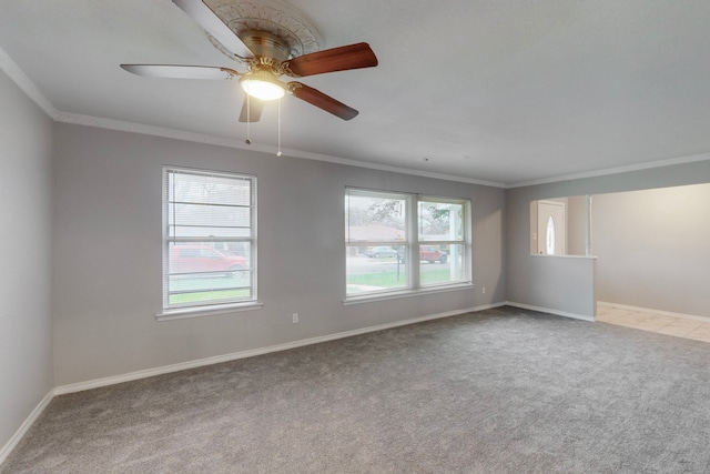 unfurnished room featuring ceiling fan, ornamental molding, and light carpet