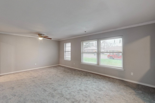 unfurnished room featuring ornamental molding, carpet floors, and ceiling fan