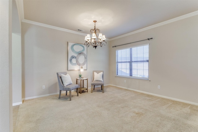 sitting room featuring ornamental molding, light carpet, and a chandelier