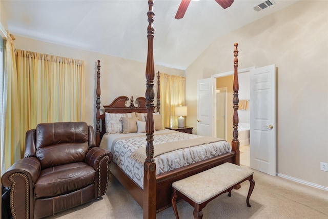 carpeted bedroom featuring lofted ceiling and ceiling fan