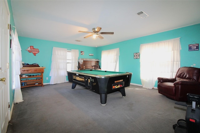 playroom featuring dark colored carpet, pool table, a healthy amount of sunlight, and visible vents