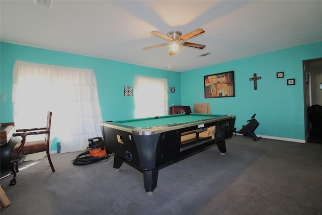 playroom with pool table, visible vents, dark carpet, a ceiling fan, and baseboards