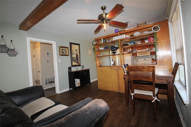 living room with a ceiling fan, beam ceiling, visible vents, and dark wood finished floors