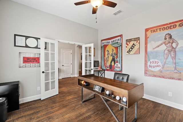 office area with dark hardwood / wood-style floors, french doors, and ceiling fan