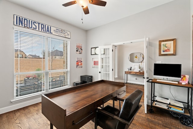 office area featuring hardwood / wood-style flooring and ceiling fan