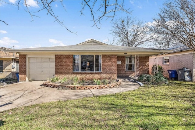 ranch-style house featuring a garage and a front lawn