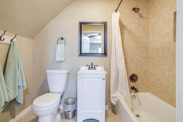 full bathroom featuring tile patterned flooring, baseboards, toilet, vaulted ceiling, and shower / bathtub combination with curtain