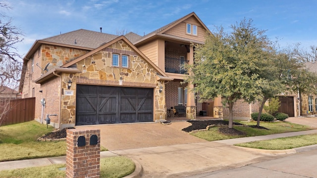 craftsman inspired home with a garage, a balcony, and a front yard