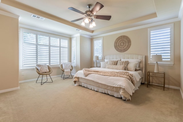 9525 Crestview Dr, Denton, TX 76207 - bedroom featuring a tray ceiling, carpet flooring, baseboards, ornamental molding, and a ceiling fan