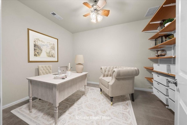 9525 Crestview Dr, Denton, TX 76207 - carpeted office with ceiling fan and baseboards