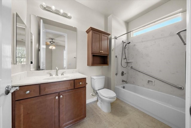 full bathroom featuring toilet, tile patterned floors, vanity, and bathing tub / shower combination