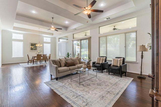 9525 Crestview Dr, Denton, TX 76207 - living room with a tray ceiling, plenty of natural light, a ceiling fan, baseboards, and recessed lighting