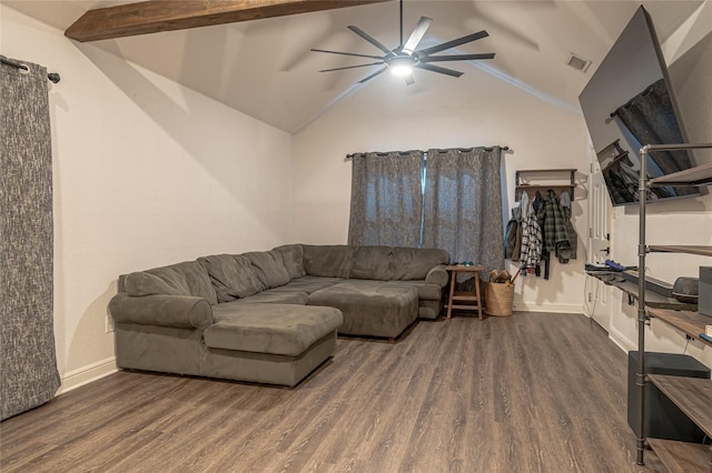 living room featuring ceiling fan, dark hardwood / wood-style floors, and vaulted ceiling with beams