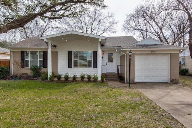 single story home featuring a garage and a front yard