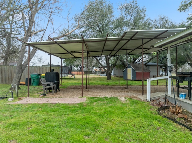 view of yard featuring a trampoline and a storage unit