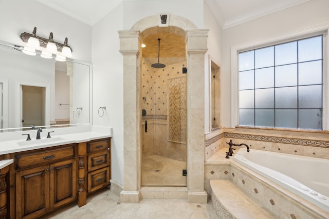 bathroom with ornamental molding, separate shower and tub, vanity, and tile patterned floors