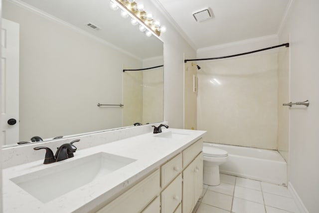 full bathroom featuring washtub / shower combination, ornamental molding, tile patterned floors, and vanity