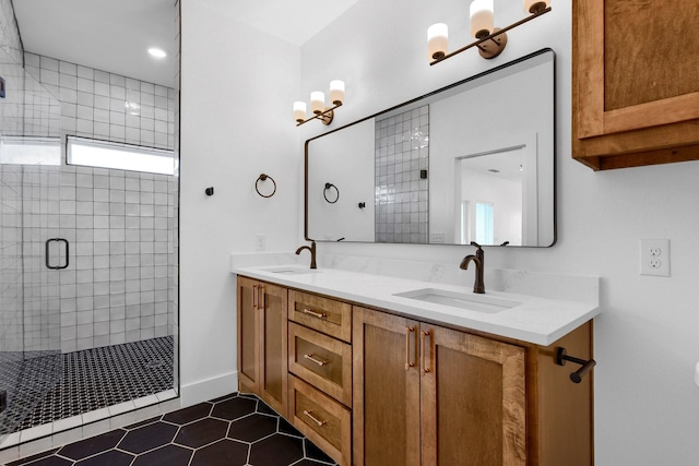 bathroom with vanity, tile patterned floors, and walk in shower