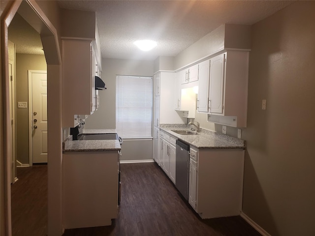 kitchen featuring dark wood finished floors, stainless steel dishwasher, white cabinetry, a sink, and range