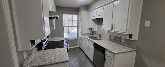 kitchen with white cabinets, appliances with stainless steel finishes, wood finished floors, under cabinet range hood, and a sink