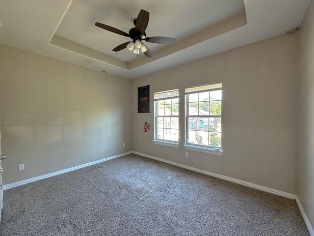 spare room featuring a tray ceiling, ceiling fan, and carpet flooring