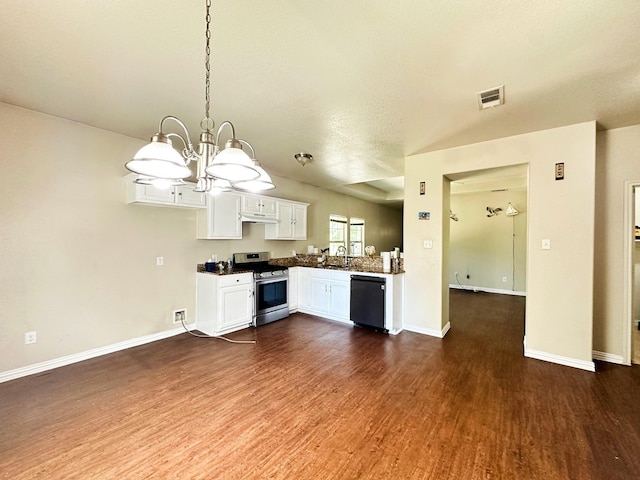 kitchen with pendant lighting, dishwasher, white cabinets, dark hardwood / wood-style flooring, and gas stove