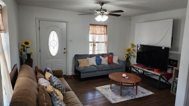 living room with ceiling fan, dark hardwood / wood-style flooring, and a textured ceiling