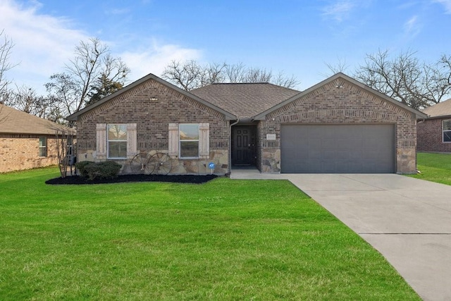 ranch-style home featuring concrete driveway, a front yard, brick siding, and an attached garage