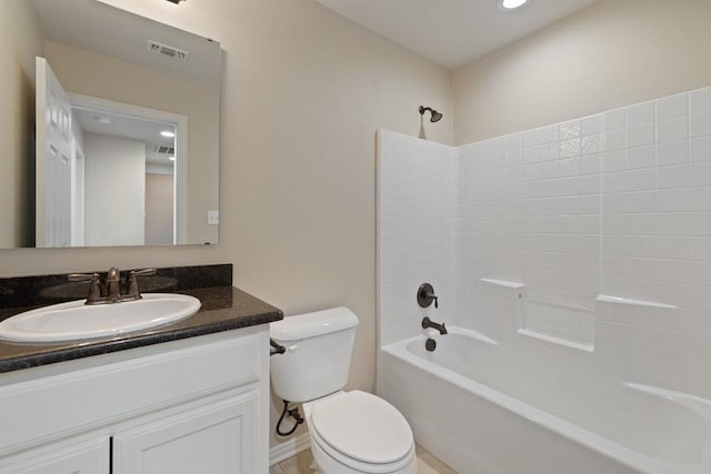 full bathroom with toilet, tub / shower combination, vanity, and visible vents