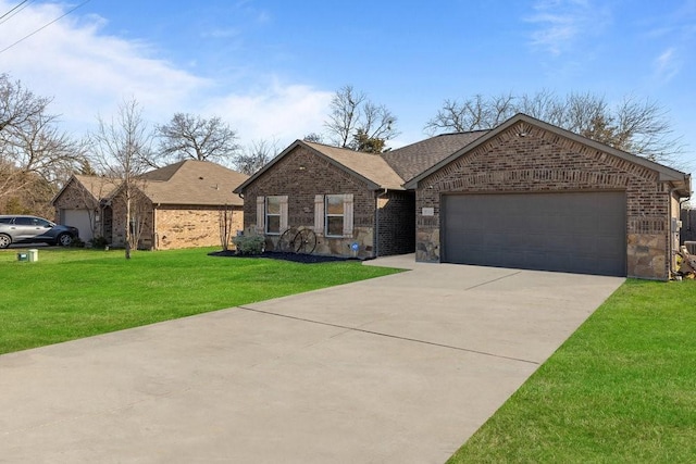 single story home with a garage, a front lawn, concrete driveway, a shingled roof, and brick siding