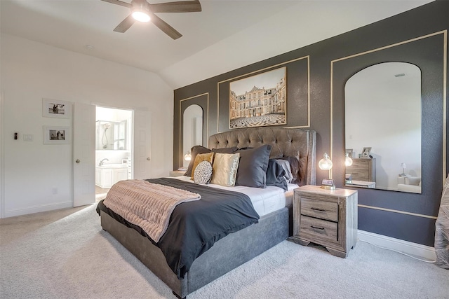 517 Ramon St, Burleson, TX 76028 - bedroom featuring arched walkways, light carpet, lofted ceiling, ensuite bathroom, and a ceiling fan