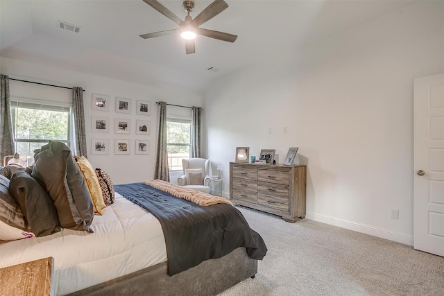 517 Ramon St, Burleson, TX 76028 - bedroom featuring light carpet, multiple windows, vaulted ceiling, and a ceiling fan