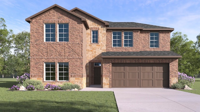 view of front of home with roof with shingles, a front lawn, concrete driveway, a garage, and brick siding