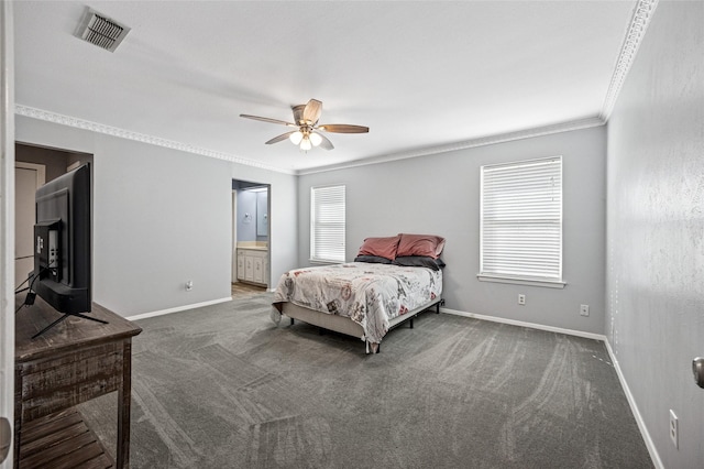 7316 Martha Ln, Fort Worth, TX 76112 - carpeted bedroom with crown molding, baseboards, connected bathroom, and a ceiling fan