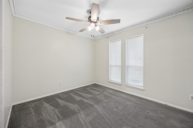 7316 Martha Ln, Fort Worth, TX 76112 - spare room featuring dark colored carpet, a ceiling fan, ornamental molding, and baseboards