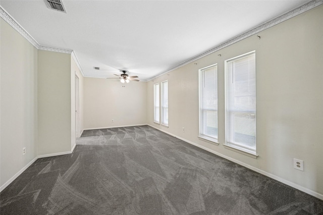 7316 Martha Ln, Fort Worth, TX 76112 - spare room featuring dark carpet, ornamental molding, baseboards, and a ceiling fan