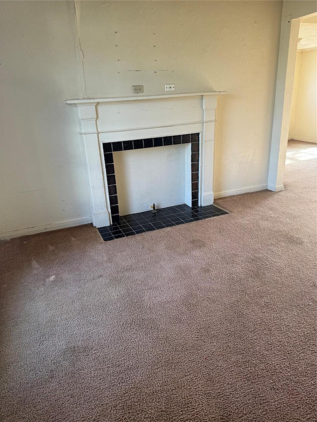 details with carpet floors and a fireplace