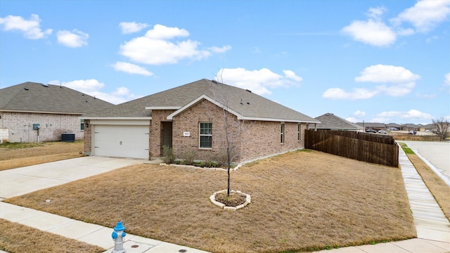 ranch-style home featuring brick siding, an attached garage, central AC, fence, and driveway