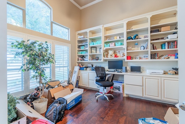 office area with a high ceiling, ornamental molding, built in desk, and dark hardwood / wood-style floors