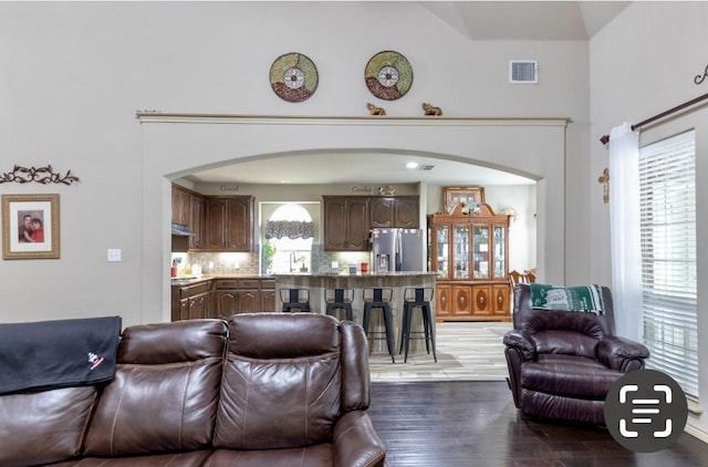 living room with sink, vaulted ceiling, and dark hardwood / wood-style flooring