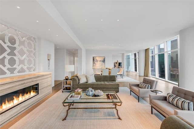 living room featuring expansive windows and light hardwood / wood-style floors