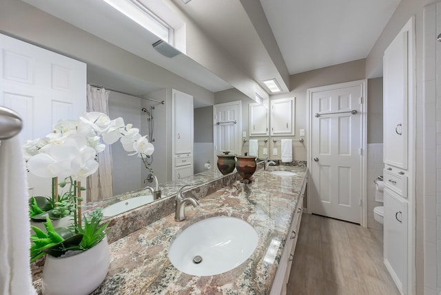 bathroom with double vanity, a sink, and toilet