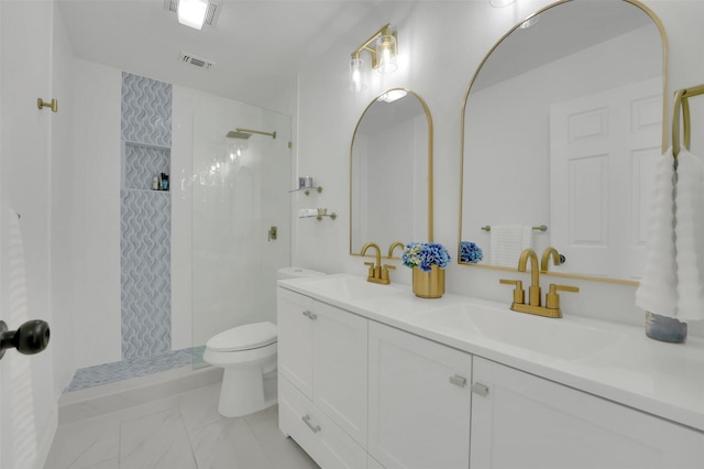 bathroom featuring double vanity, walk in shower, a sink, and visible vents