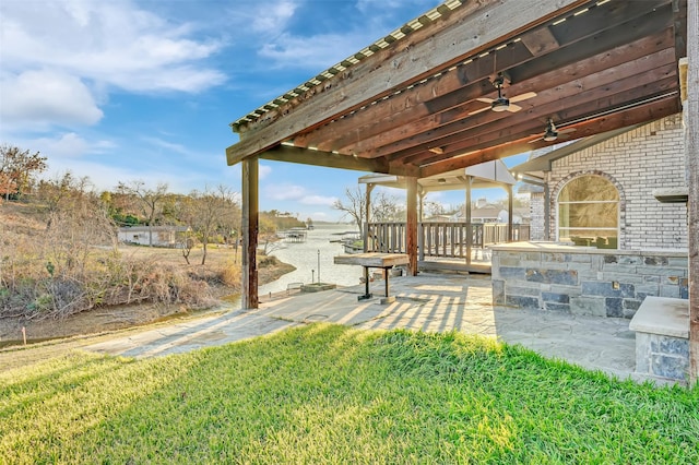 view of yard with a patio area and ceiling fan