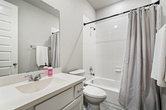 full bath featuring toilet, shower / bath combo, and vanity
